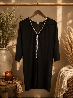 COVER ME Black Sheer Tunic • Convertible Faux Pearl Necklace • Custom Detail L